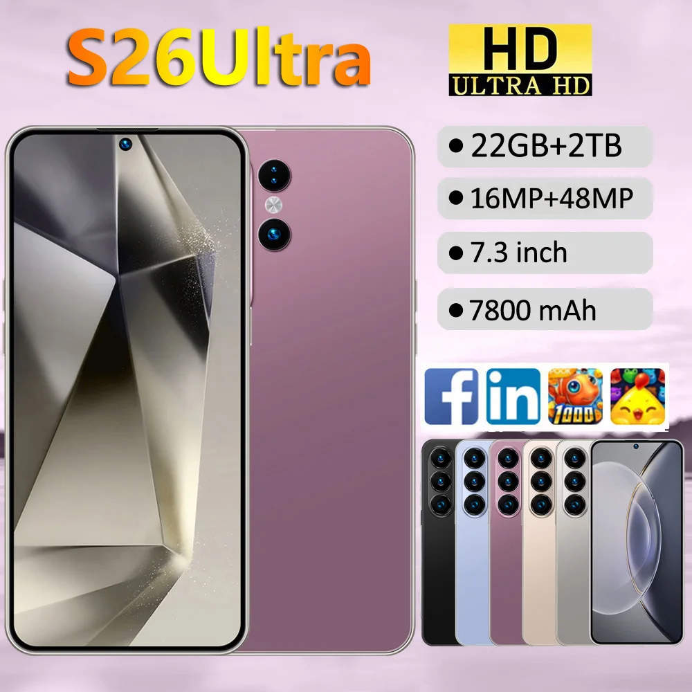 Brand New Mobile Phones for S26 Ultra 5G Smartphone Android 15 7.3HD Cell Phone 22G+2TB 7800mAh Unlocked Dual Sim